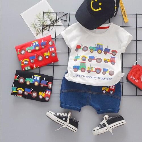 Boys & Girls Summer style Clothes Set Hot Cartoon Car embroidery Denim shorts + T shirt Suit Children Clothing Outfit 1-4 Y Baby