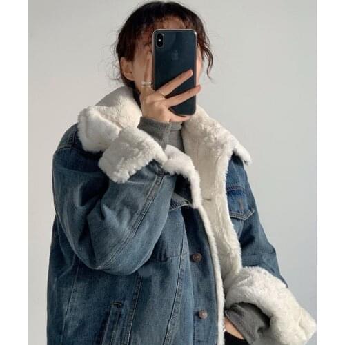 FNOCE 2020 winter new womens jeans jackets plus velvet thickened warm slim long sleeve Lamb wool loose fashion denim coats