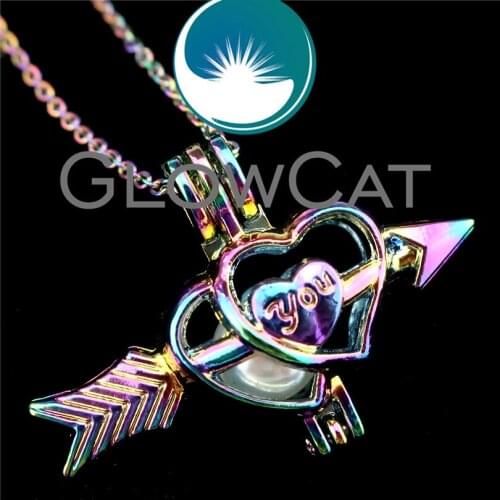 GLOWCAT R-C497 Rainbow Color Arrow Heart Love you Beads Cage Pendant Perfume Diffuser Aromatherapy Pearl Cage Locket Necklace