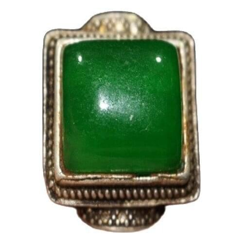 China Old Tibetan Silver Inlaid Jade Ring Ornament