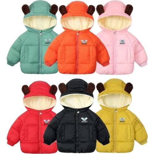 2021 Winter New Children Plus Velvet Thick Cotton Coat Baby Ears Cute Winter Warm Jacket Hoodie Clothes Baby Boys Zipper Outwear