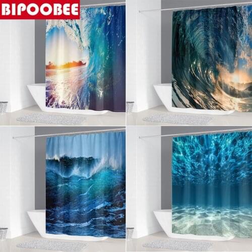 Sea Waves Ocean Scenery 3D Shower Curtains Beach Coast Starfish Shell Bathroom Curtain with Hooks Fabric Bathtub Bath Screen