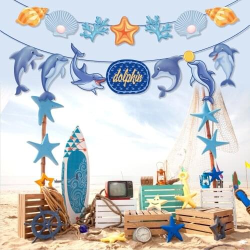 Cartoon Dolphin Happy Birthday Party Banners Boys Party Favor DIY Blue Sea Dolphin Hanging Bunting Baby Shower Party Decoration