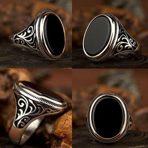 Punkboy Retro Style Mens Ring Craved Pattern Black Egg-shaped Crystal Silver Color Ring for Male Party Jewelry Size 6-13