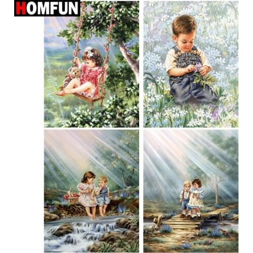 HOMFUN Diy Full Square Round Drill 5D Diamond Painting Cross Stitch Diamond Embroidery "Girl boy scenery" Home Decor Gift