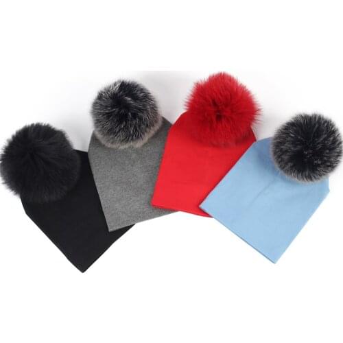 Autumn Winter Newborn Kids Plain Hats Toddler Cap Cotton Skullies Beanies with Fox Fur Pompom Baby Girls Boys Beanie Hat Bonnet