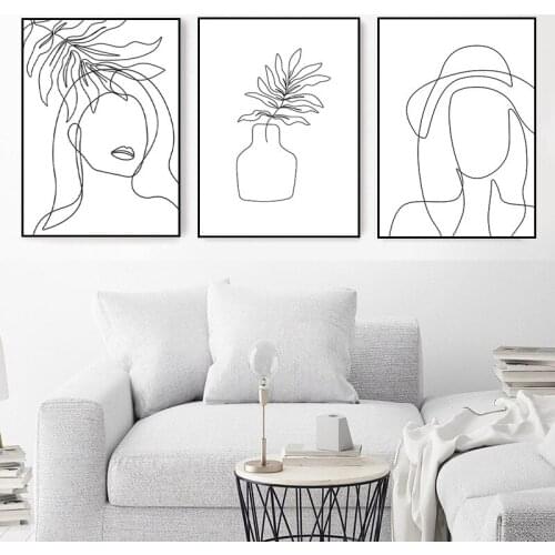 Nordic Minimalist Figures Girls Line Art Canvas Painting Plants Drawing Posters And Prints Wall Decor For Living Room HD3143