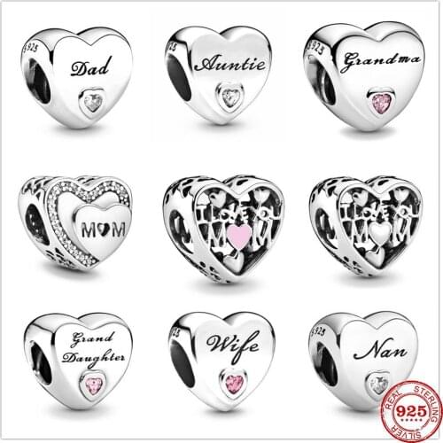 Hearth shape 925 Sterling silver metal beads Dad mom aunt wife Nan granddaughter ma charms fit Pandora Charm Bracelet Jewelry