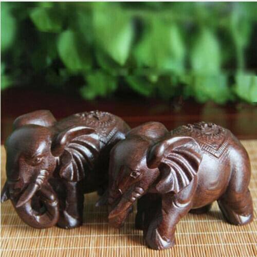 Hand Craft Lucky Elephant Natural Carved Statue Wooded Animal Office Home Decor