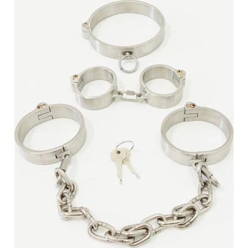 Stainless Steel Detachable Buckle Lockable Neck Collar Handcuffs Ankle Cuffs Slave BDSM Bondage Restraints Sex Toy For Couples