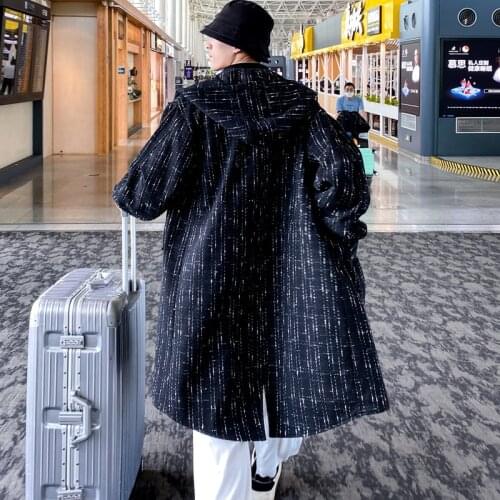 Autumn Winter Woolen Cloth Trench Men Single-breasted Hooded Trenchcoat New Fashion Casual Zipper Windbreaker Black/White