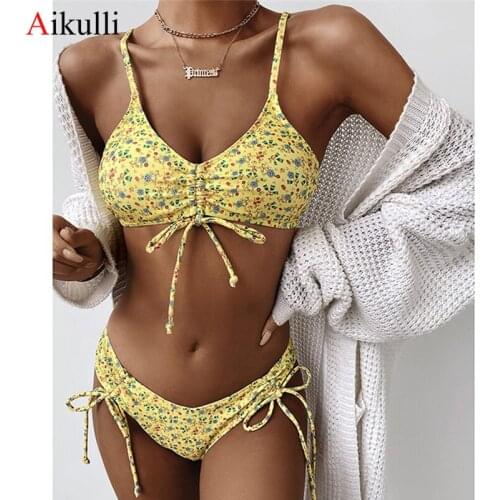 2021 Sexy Floral Print Bikini Push Up Swimsuit Women Drawstring Lace Swimwear Two-Pieces Biquini Summer Bather Bathing Suit Swim