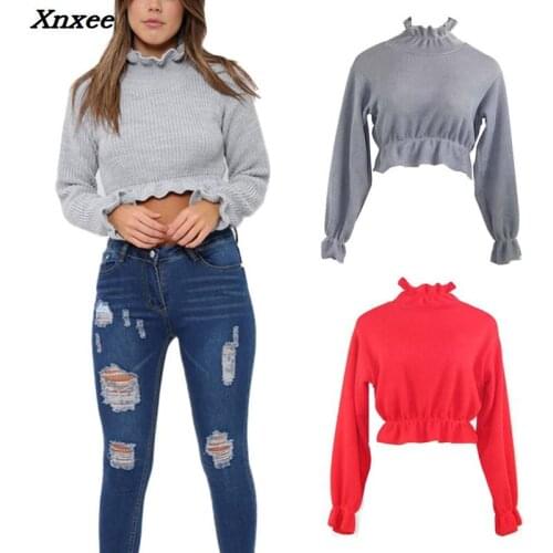 2018 Autumn Winter Women Knitted Fashion Womens Solid Color Knit Coarse Short Ruffled Pleated Short Top Sweater Xnxee