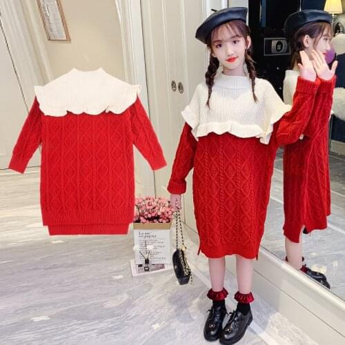 Girls Beige and Red Patchwork Sweater Slit Dress Sweet Ruffle Round Neck Long Knitted Sweater Girls Autumn Winter Tops