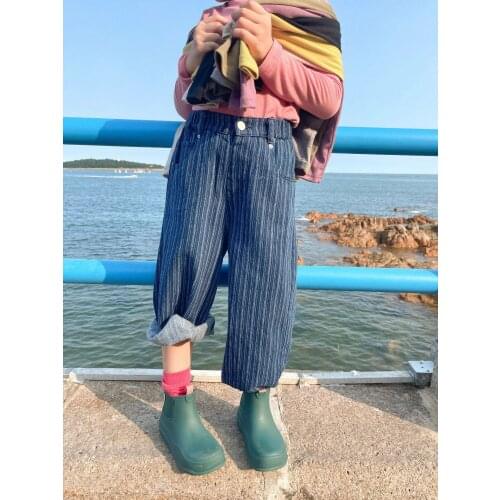 2021 Korea style girls boys striped denim pants autumn fashion kids long jeans pants 3-8 years
