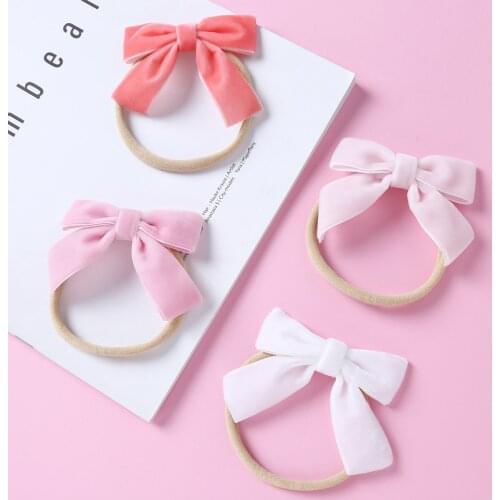 2021 New Velvet Bows Elastic Nylon Headbands Princess Baby Girls Knot Bows Stretchy Nylon Hairbands Toddler Hair Wear