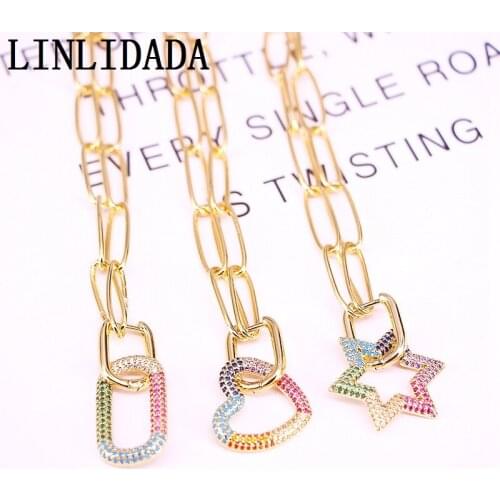5Pcs Rainbow CZ Micro Paved Oval Heart Star Pendant Necklace Zirconia Pendant Metal Chain Necklace Jewelry