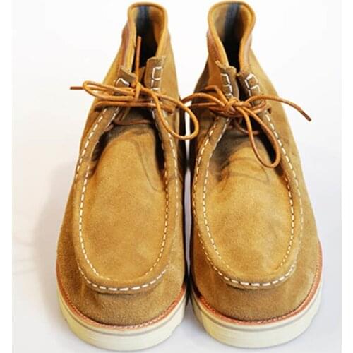 American Handmade Cow Suede Motocycle Ankle Boots Men Unisex Casual Lace Up High Top Work Shoes Men Vintage Flats Boots