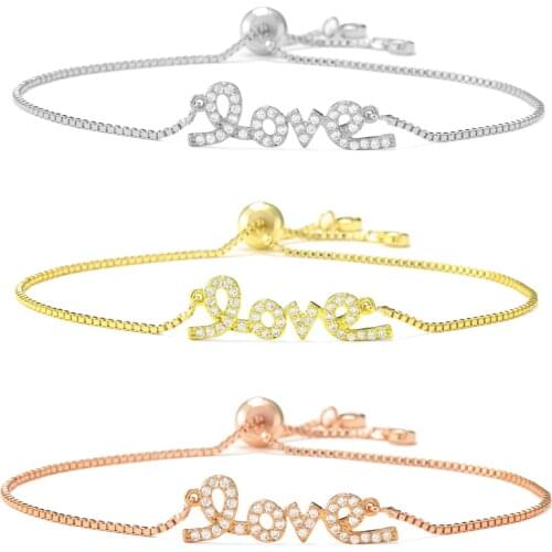 Clear Cubic Zirconia Love Letter Charm Adjustable Chain Bracelet For Women CZ Zircon Jewelry Gift Bracelet Assorted
