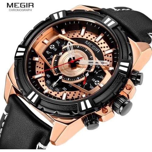 MEGIR Mens Quartz Watches 2019 New Luxury Top Brand Chronograph Military Sport Leather Wristwatch Man Relogios Clock 2118 Rose