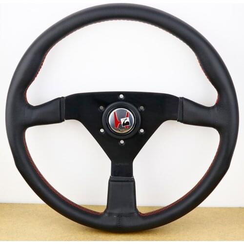 For Honda Italy 14inch/350mm Black Genuine Leather Drift Sport Steering Wheels With Red Stitching