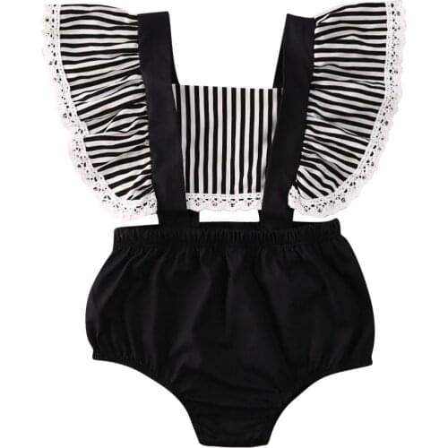 0-18M Newborn Infant Baby Girls Striped Ruffles Rompers Summer Short Sleeve Black Jumpsuits Outfits