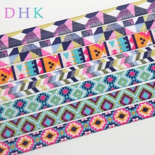 DHK 5/8'' 5yards tribal plaid printed Fold Elastic FOE stretch ribbon hairbow headwear headband DIY OEM C1631