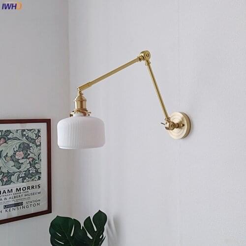 IWHD Copper Nordic Long Arm Wall Light Fixtures Bedroom Living Bathroom Mirror Ceramic Lampshade Adjustable Modern LED Wall lamp