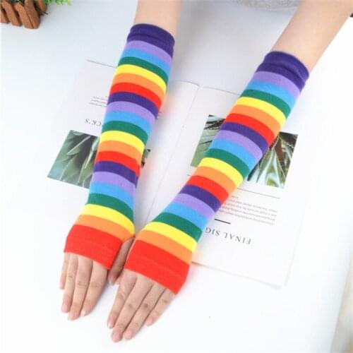Cute Rainbow Sun Protection Women Arm Sleeves Striped Summer Colorful Candy Color Students Harajuku UV Protection Long Sleeves