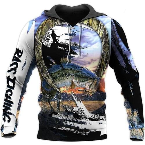 Mens and womens casual zipper hoodie bass fishing camouflage 3D full-print hoodie autumn and winter fashion casual sweatshirt