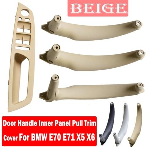 Beige Genuine Leather Car Front Rear / Left Right Interior Door Handle Inner Panel Pull Trim Cover For BMW E70 E71 X5 X6 07-13