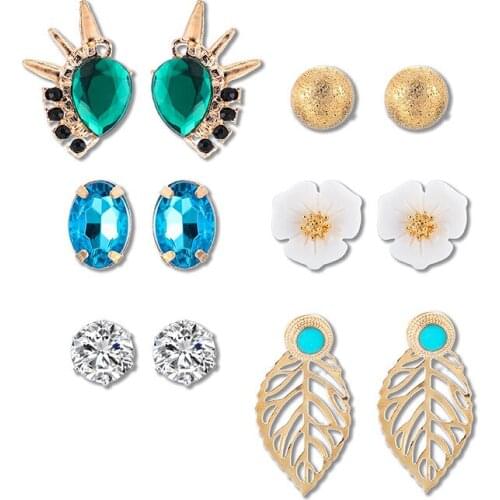 New fashion womens jewelry wholesale girl party crystal/leaves/flower earrings beautiful 6 pairs /set gorgeous earrings gift