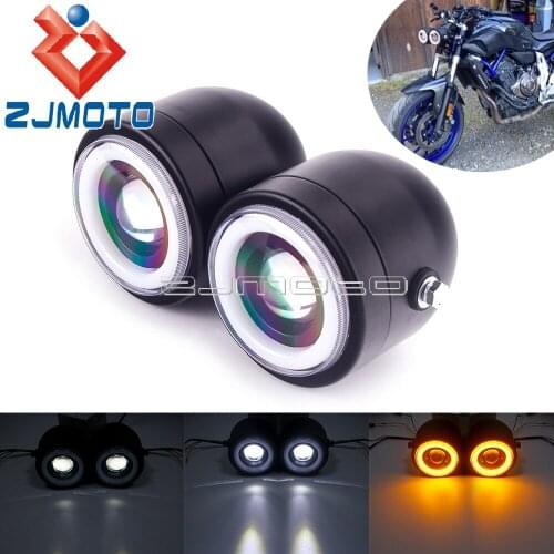 Cafe Racer Motorcycle Dual Twin LED Headlight Headlamp Angel Eyes Light Lamp For Honda Kawasaki Suzuki Yamaha Ducati BMW