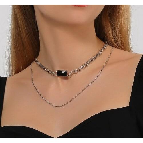 2021 New Fashion Boho Multilevel Choker Necklace For Women Vintage Silver Color Punk Chains Black Square Crystal Jewelry Gift