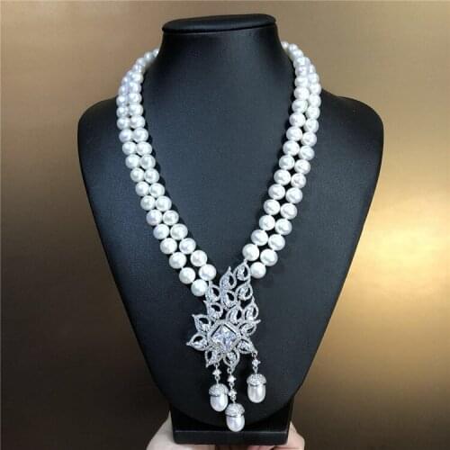 23" 2 Strands White Pearl Necklace CZ Pendant