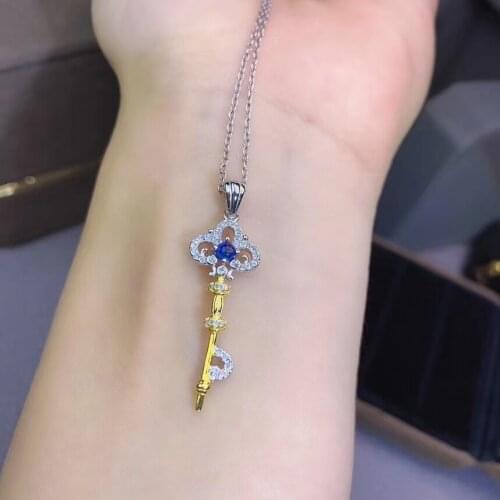 Key necklace natural sapphire gem sapphire gemstone necklace for women jewelry 925 sterling silver gold plated birthday gift