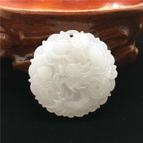 Money Dragon Natural White Jade Pendant Necklace Chinese Hand-Carved Charm Jewelry Amulet Fashion Accessories for Men Women Gift