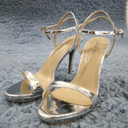 Sexy Silver Patent Sandal High Heel Bridals Party Women Sandal Summer New Open Toe Ankle Strap Stiletto Platform 12cm Heel Shoe