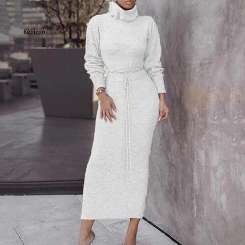 Casual Two Piece Set Women Knitted Dress Autumn Winter Solid Bodycon Sweater Dress Long-sleeved Ladies Pullover Suit