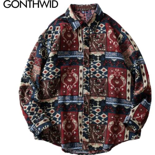 GONTHWID Nation Style Knitted Shirts Casual Geometry Pattern Button Shirts Streetwear Harajuku Hip Hop Fashion Casual Tops Coats