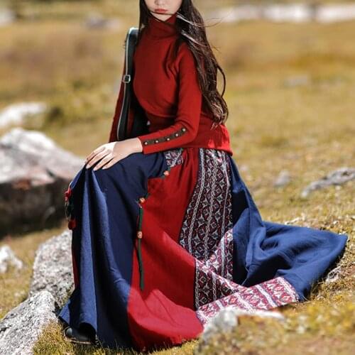 LZJN Autumn Winter Women Long Skirt Elastic Waist Cotton Linen Retro Vintage Patchwork Maxi Skirt Saia Longa Jupe Faldas Largas