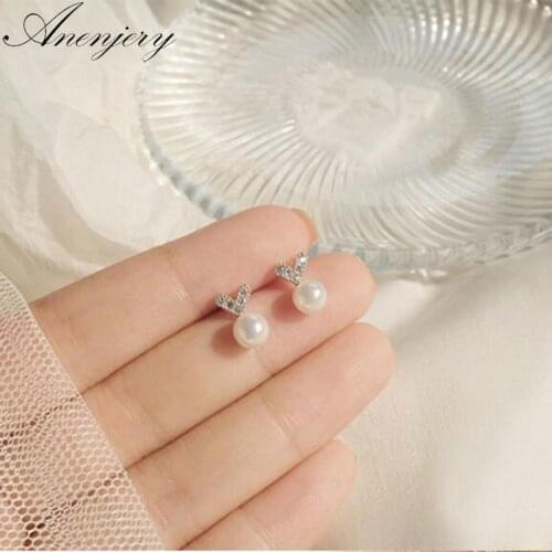 ANENJERY 925 Sterling Silver Cut Earrings For Women Student Micro Zircon Love Heart Pearl Stud Earrings S-E563
