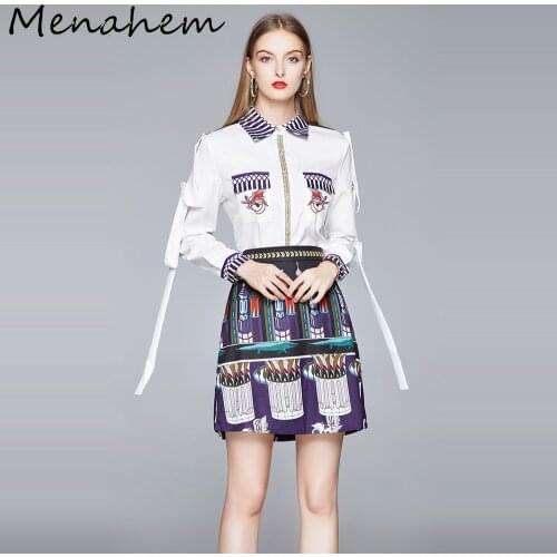 Menahem Women Summer Fashion Print Ribbon Long Sleeve White Shirt Top + High Waist A-Line Mini Skirt 2021 Vacation Beach Set