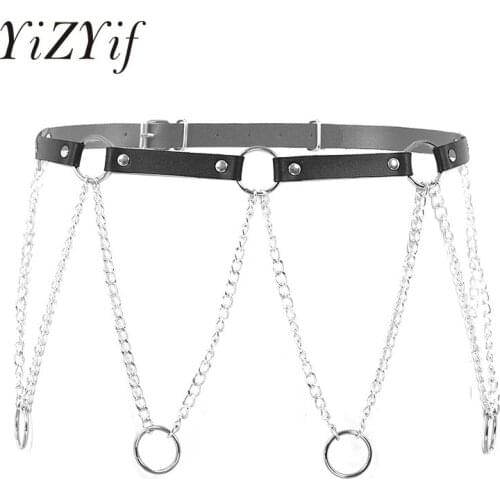 Sexy Women Punk Gothic Waist Belts Garters Adjustable Faux Leather Body Waist Harness Belt with Metal O Rings and Chain Tassel
