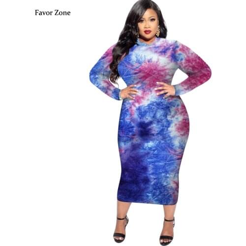 Plus Size Tie Dye Print Sexy Bodycon Women Dress Autumn Winter Elegant Long Sleeve Casual Round Neck Wrap Midi Party Dresses 5XL