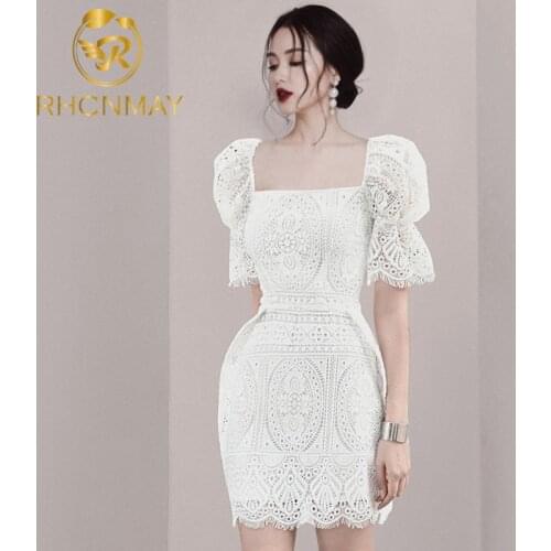 2020 New Summer Women Celebrity Evening Party Dress Vestidos Smil Sexy Lace Square Collar Puff Sleeve Bodycon Mini Dress