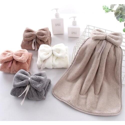 Bowknot Super Soft Absorbent Microfiber Hand Towel Hanging Bathroom Kitchen Towel Cleaning Cloth 30x30cm