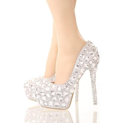 Handmade Sparkling Formal Shoes Rhinestone Wedding Shoes Silver High Heel Platform Bride Crystal Shoes Women Party Dress Shoes