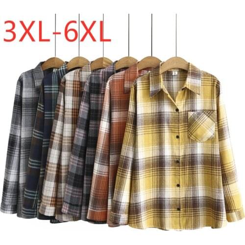 New ladies autumn winter plus size tops for women large blouse long sleeve loose cotton blue yellow plaid shirt 3XL 4XL 5XL 6XL