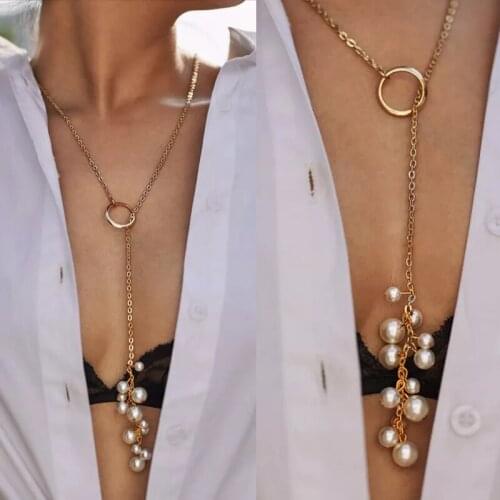 Fashion Simple Delicated Simulated Pearl White Color Beads Long Sweater Chain Tassel Pendant Jewelry Necklace for Women